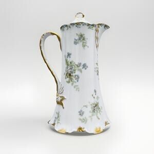 Antique HAVILAND LIMOGES Chocolate Pot 10.5" Blue Green Floral Gold Schleiger 52